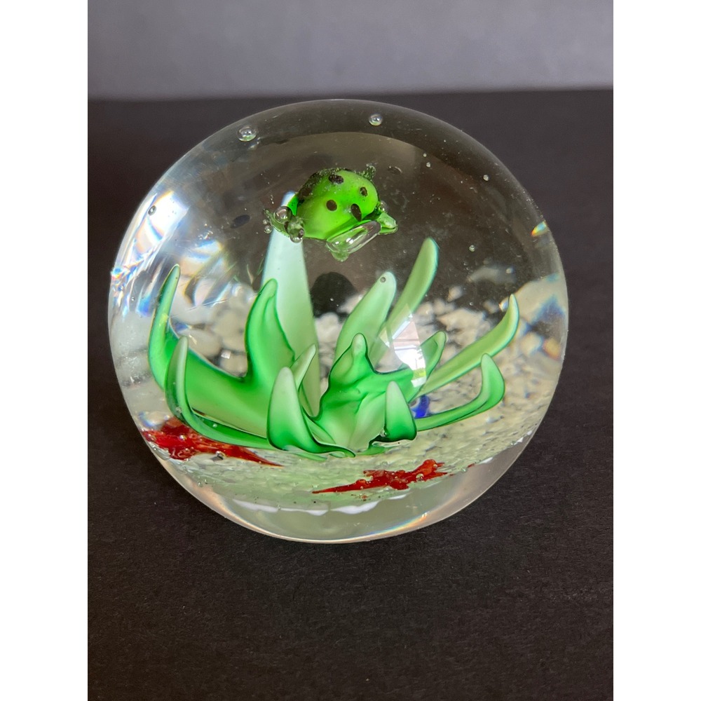 Vintage Art Glass Paperweight Green Spotted Frog Underwater Scene Millefiori-3in